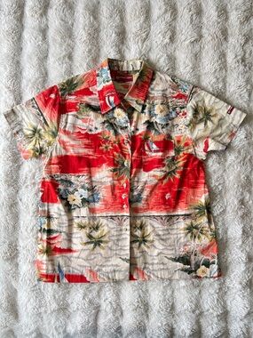 Point Zero Tropical Hawaiian Button-Up Shirt Red & Cream Size Large Summer